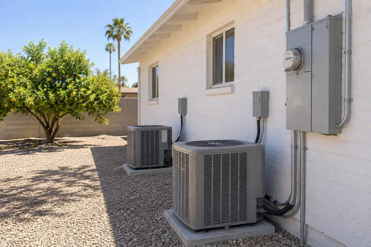 Two AC condensers with disconnects beside the meter and main panel on an Arcadia ranch home, showing the AC load on an electrical panel in Phoenix summer heat