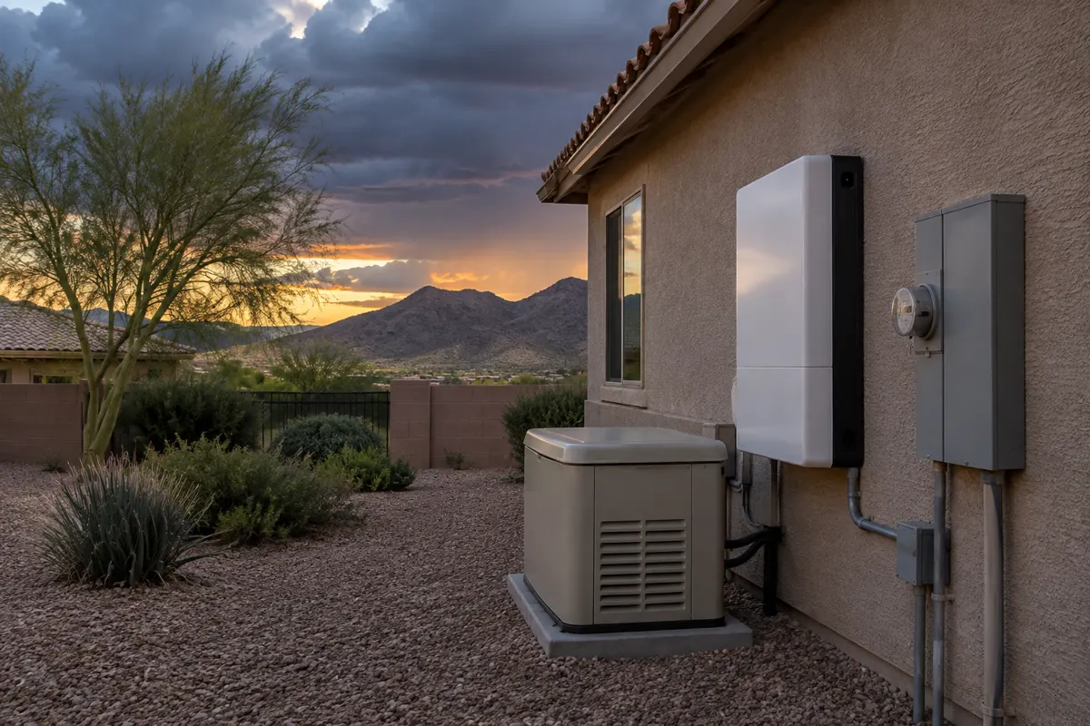Standby generator and wall-mounted home battery beside a stucco Ahwatukee home under monsoon clouds, comparing generator vs battery backup in Phoenix