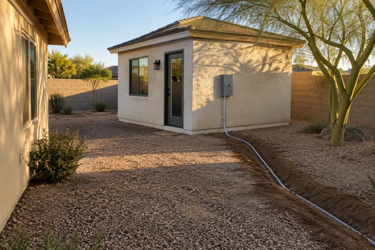 New detached casita in a Phoenix backyard with an electrical subpanel and conduit trench for casita electrical service