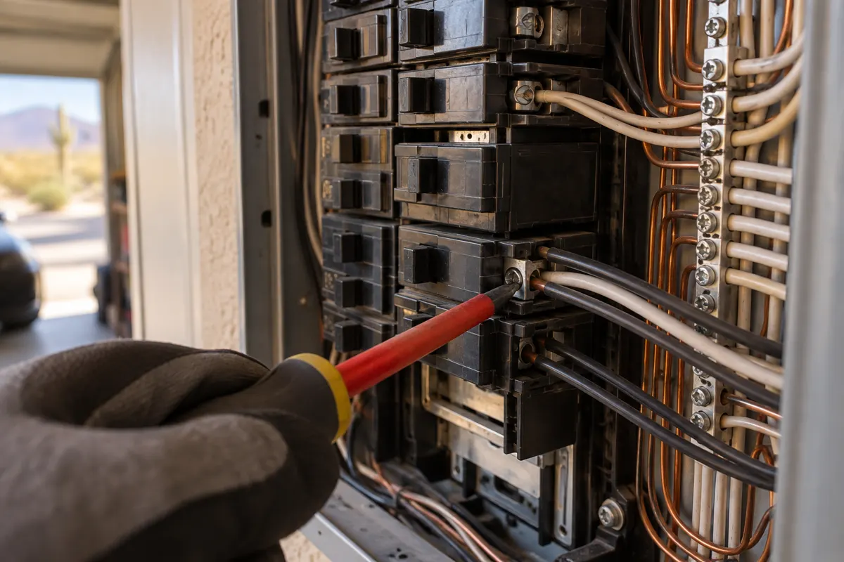 Electrician checking a double-tapped breaker with two wires under one terminal screw inside a Phoenix home's electrical panel