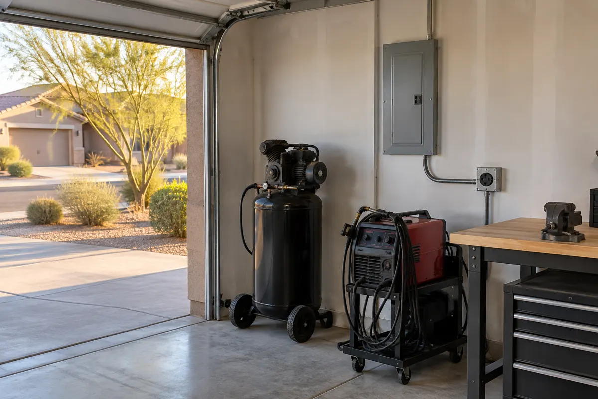 Phoenix-area garage workshop with a 240V outlet installed next to a subpanel, a welder and an air compressor