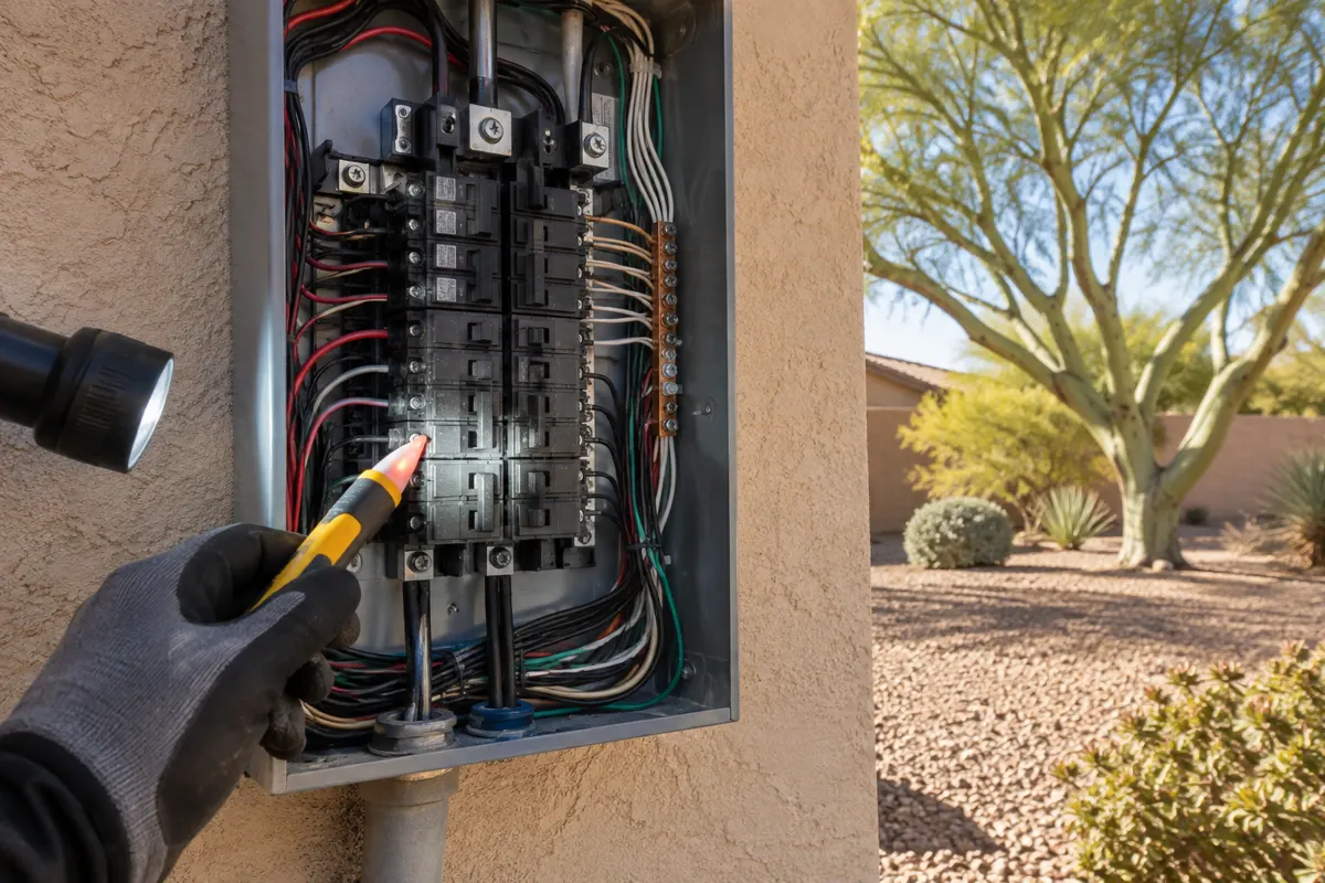 Electrician testing an open electrical panel for home inspection electrical issues at a Phoenix ranch home