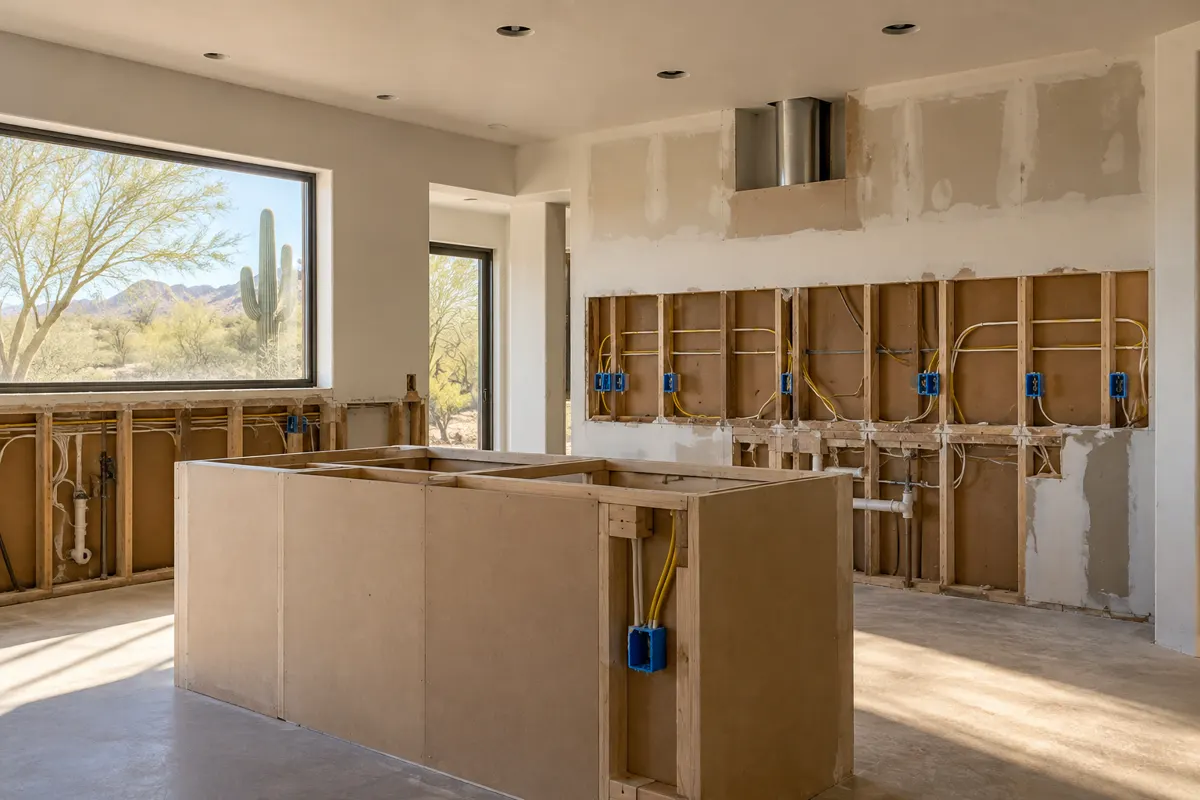 Scottsdale ranch home kitchen opened to the studs with new outlet boxes along the backsplash and island, the rough-in stage covered in this kitchen remodel electrical guide for Phoenix