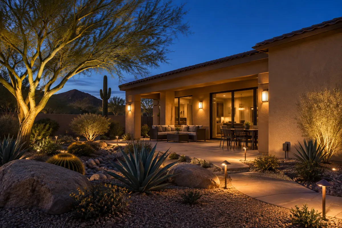 Glendale desert-landscaped backyard at dusk with low-voltage landscape lighting on a palo verde, path lights and patio wall lights, an example of landscape lighting in Phoenix