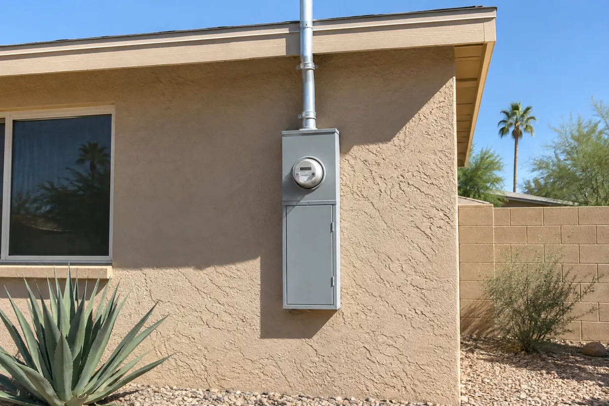 New gray meter-main combo panel with conduit mast on the stucco wall of a Phoenix ranch home, the result of a meter-main replacement in Phoenix