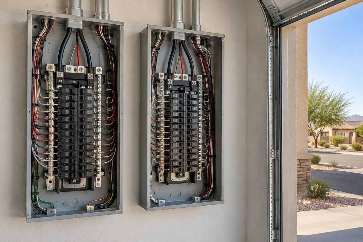 Two new Square D or Siemens style electrical panels with covers off, side by side on a garage wall in a Phoenix-area home, desert landscaping outside