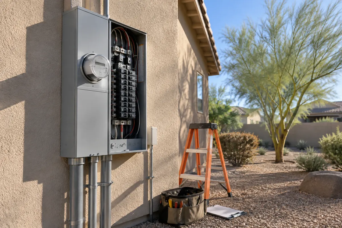 New gray meter-main panel with the cover off on the stucco wall of a Phoenix-area home during a panel upgrade, with a stepladder and tool bag nearby