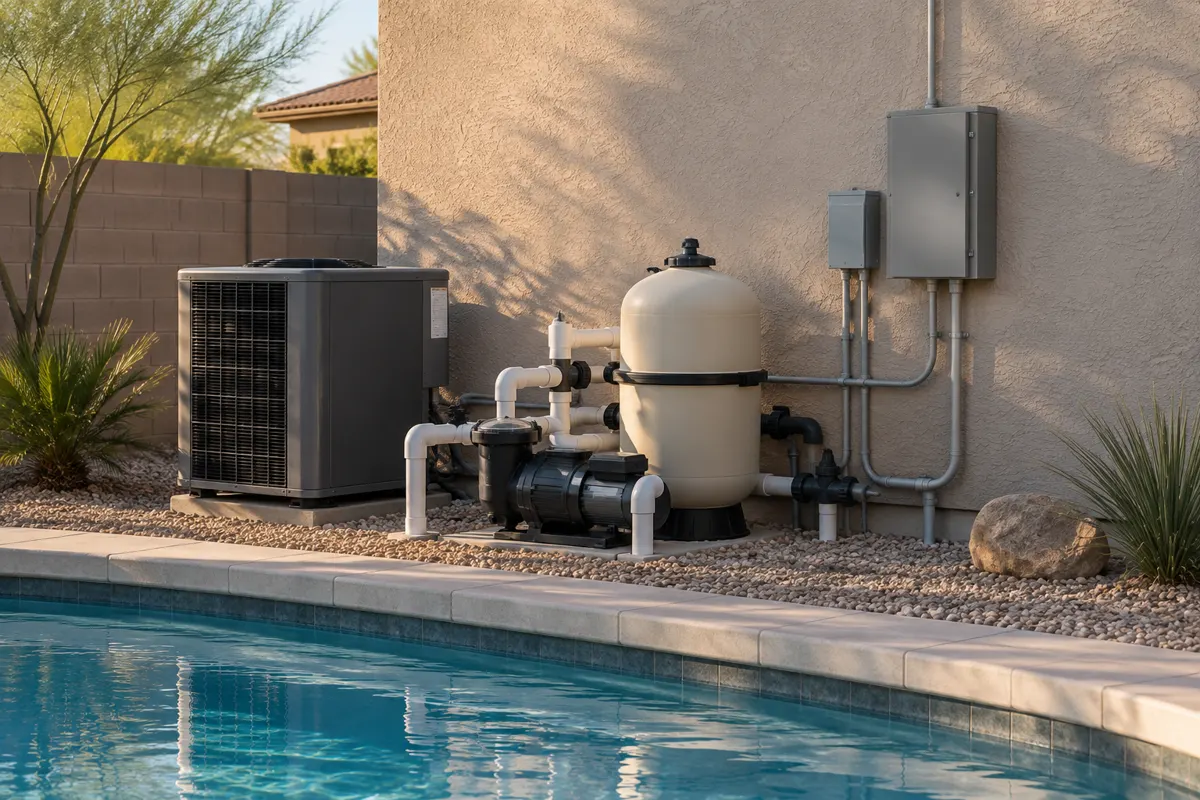 Pool pump, filter, heat pump and electrical subpanel on a Phoenix backyard equipment pad