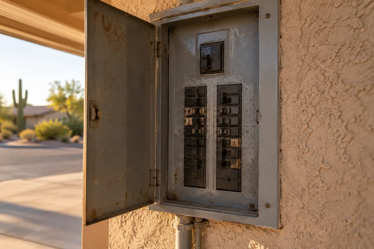 Weathered older electrical panel with the door open on the stucco wall of a Mesa ranch home, one of the hazardous electrical panel brands Phoenix inspectors flag
