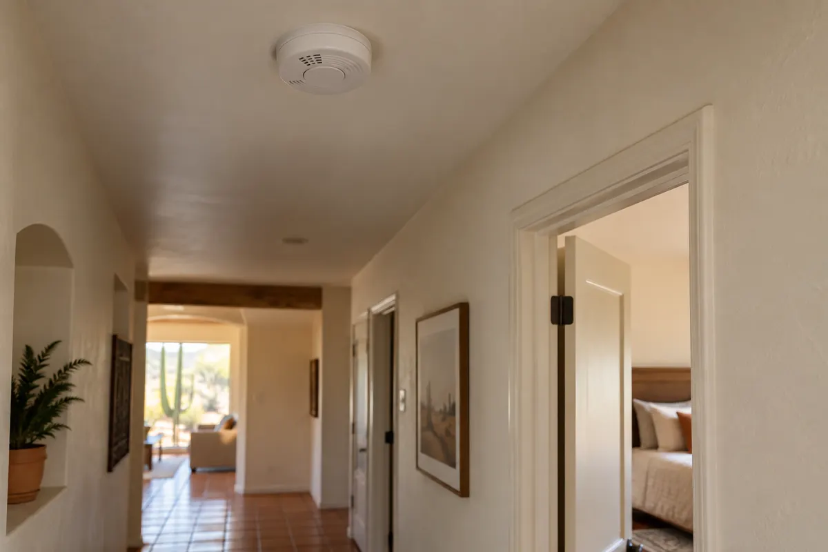 Hardwired smoke detector on a hallway ceiling outside a bedroom in a Peoria ranch home, the kind of alarm covered in this hardwired smoke detector replacement guide for Phoenix