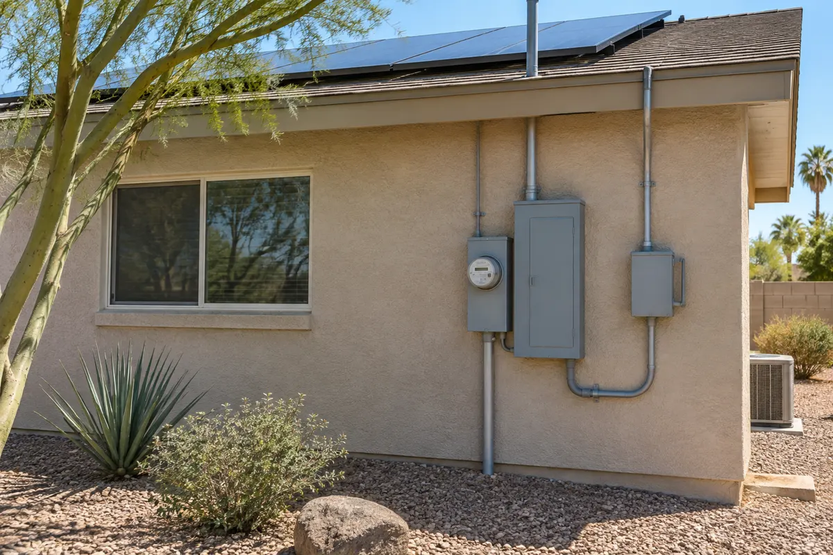 Tempe ranch home with rooftop solar, a meter, main electrical panel and solar disconnect, the setup behind a panel upgrade for solar in Phoenix