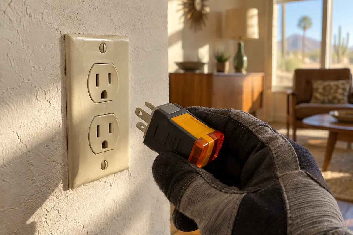 Electrician testing an older outlet for a ground before two-prong outlet replacement in a Phoenix ranch home